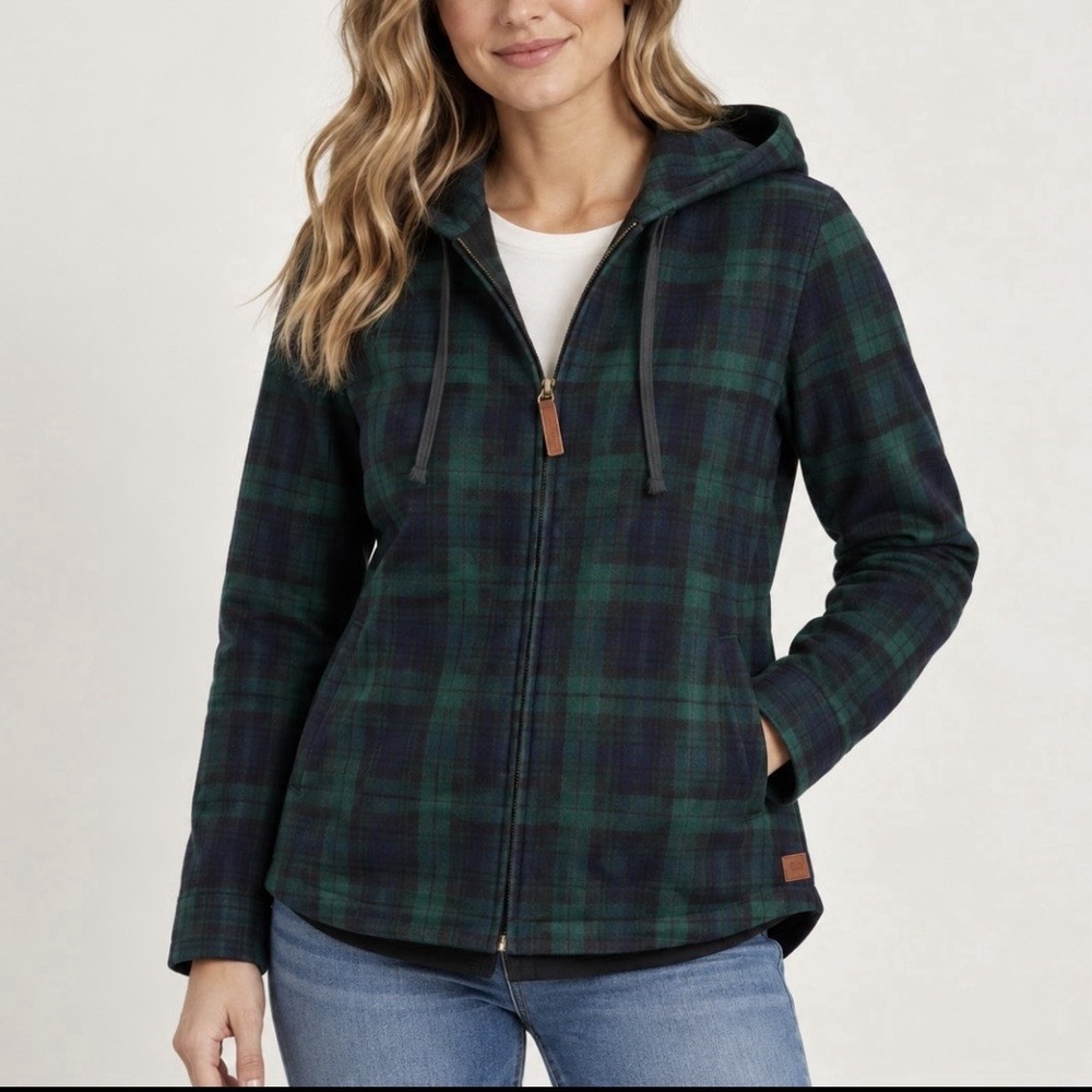 LL Bean Green Scotch Plaid Cotton Flannel Shirt Relaxed Zip Hoodie Pockets MED